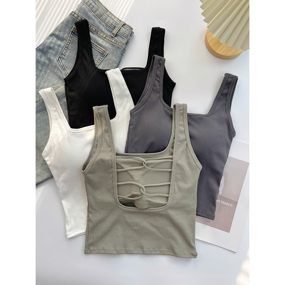 Dahong x691 เสื้อกล้ามครอป แขนกุด สีพื้น เสื้อกร้ามครอปครึ่งตัว น่ารักมาก สไตล์อเมริกัน 6 สี