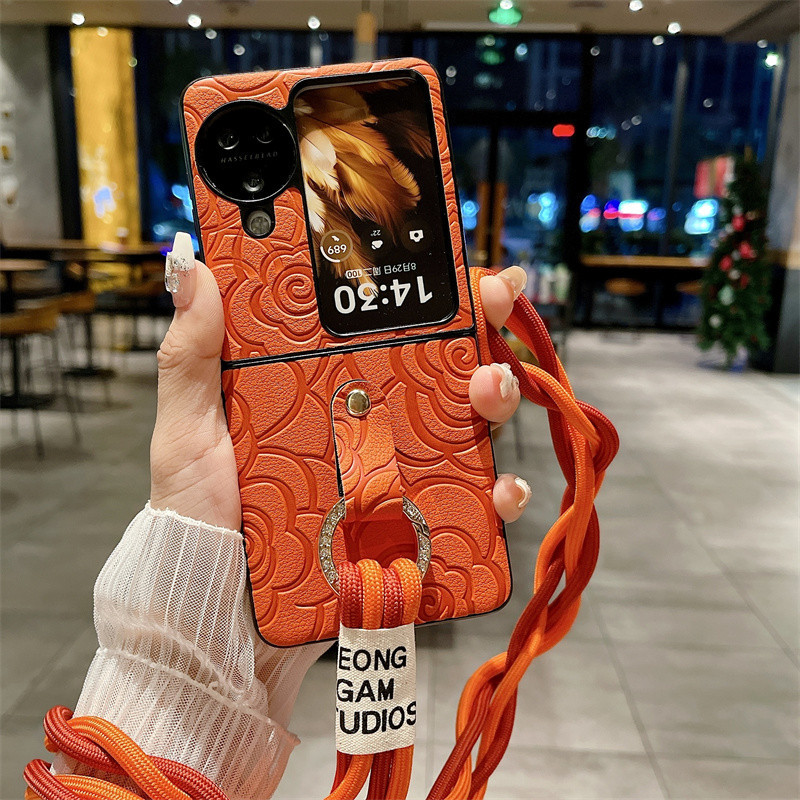 สําหรับ OPPO Find N3 Flip, Find N2 Flip, เคสโทรศัพท์แบบพับได้ดอกเคมีเลียแบบแขวน, ฝาครอบป้องกันป้องกันการตกแบบหนังคุณภาพสูง