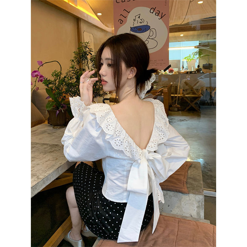 French Halter Bow เสื้อเชิ้ตสีขาวผู้หญิงฤดูใบไม้ผลิออกแบบ Simple All-Match Ruffled เสื้อแขนยาว Chic สั้นเสื้อผ้าผู้หญิง