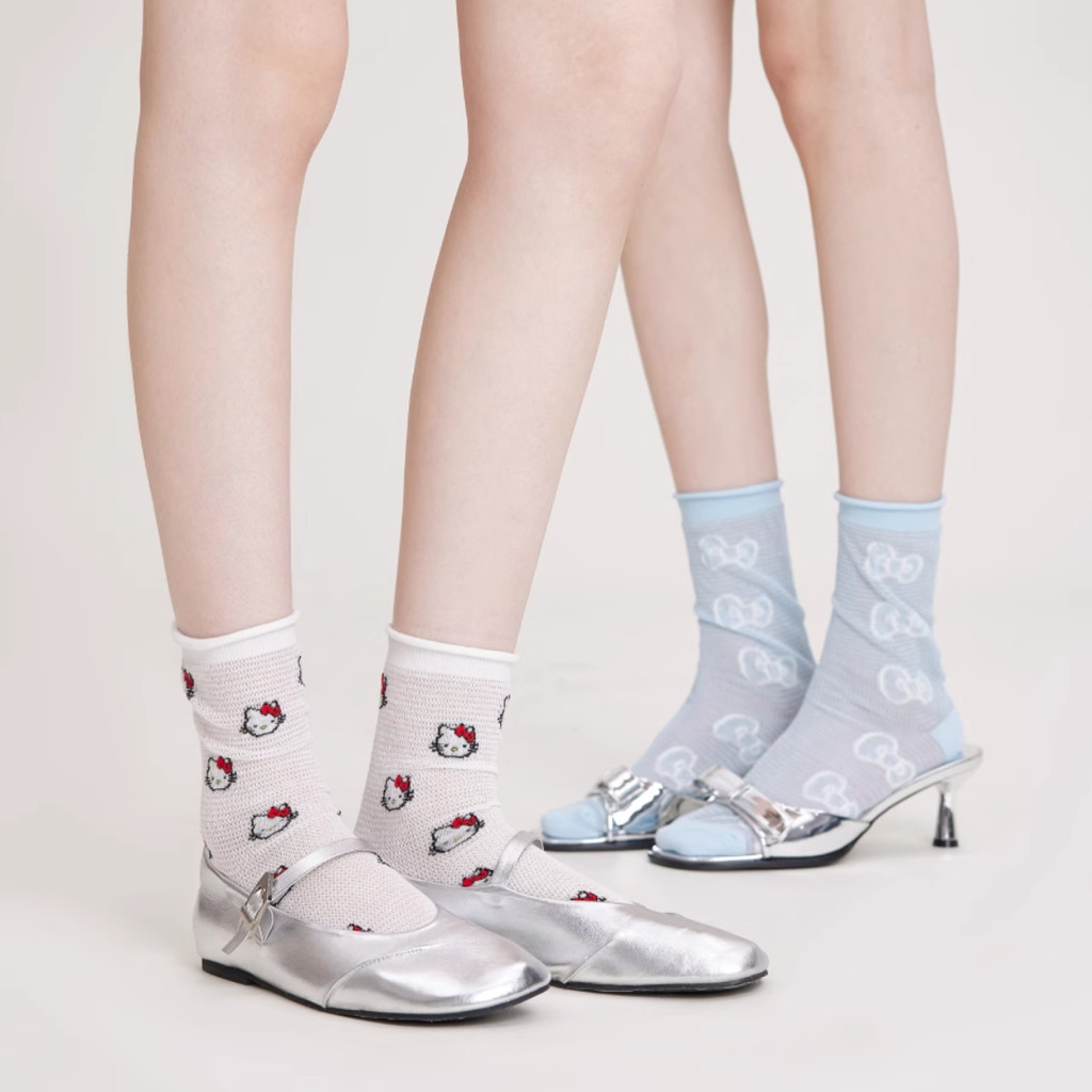 Hello Kitty Bow ถุงเท้าญี่ปุ่นน่ารักการ์ตูนฤดูร้อนบาง Ins สไตล์ตาข่าย Hollow สําหรับ JK สาวเกาหลีรุ่น Breathable ถุงเท้า