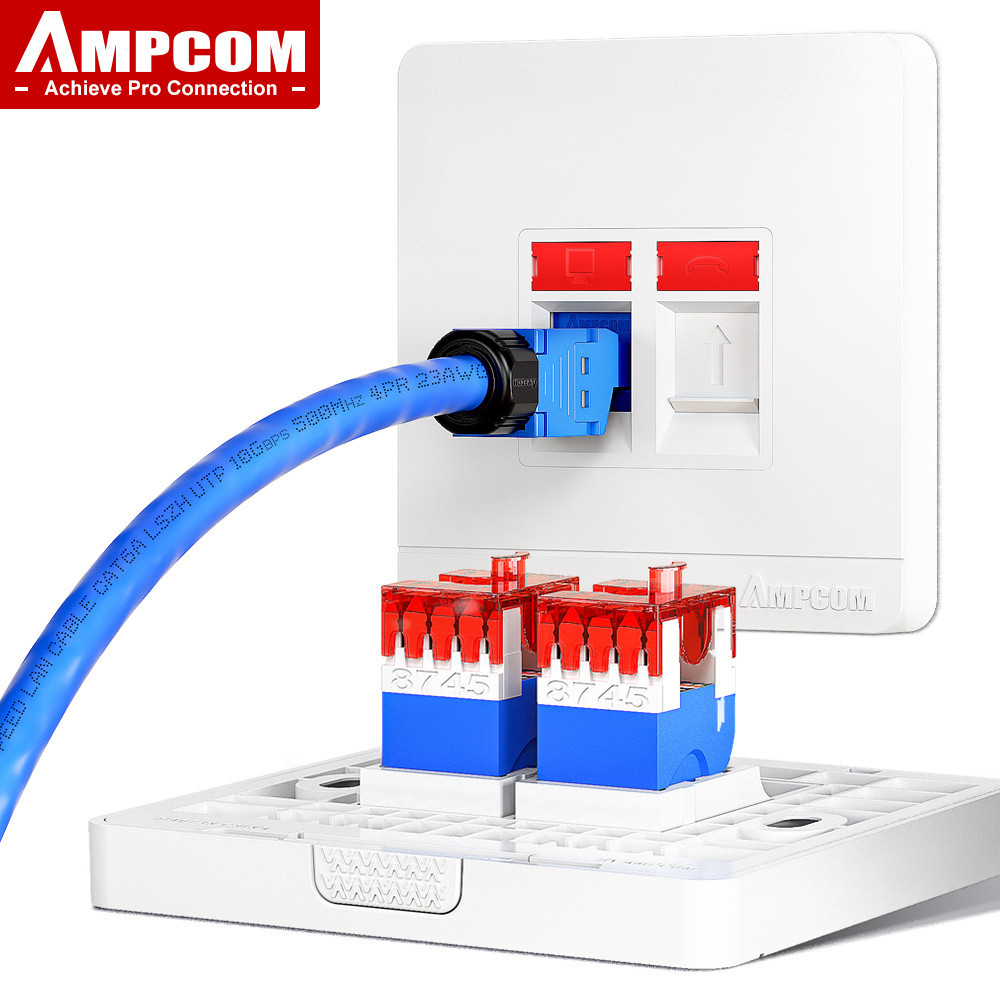 Ampcom 86*86 แผ่นติดผนังพร้อมชุดแจ็ค CAT6 Keystone, Wall Faceplate พร้อม CAT6 1Gbps UTP Rajat Keysto