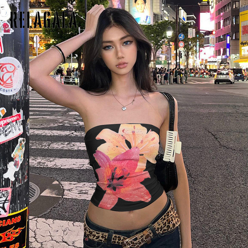 RelaGala ผู้หญิงแฟชั่นใหม่ Casual Simple ดอกไม้พิมพ์ปิดไหล่ Slim Tube Top — صورة 2