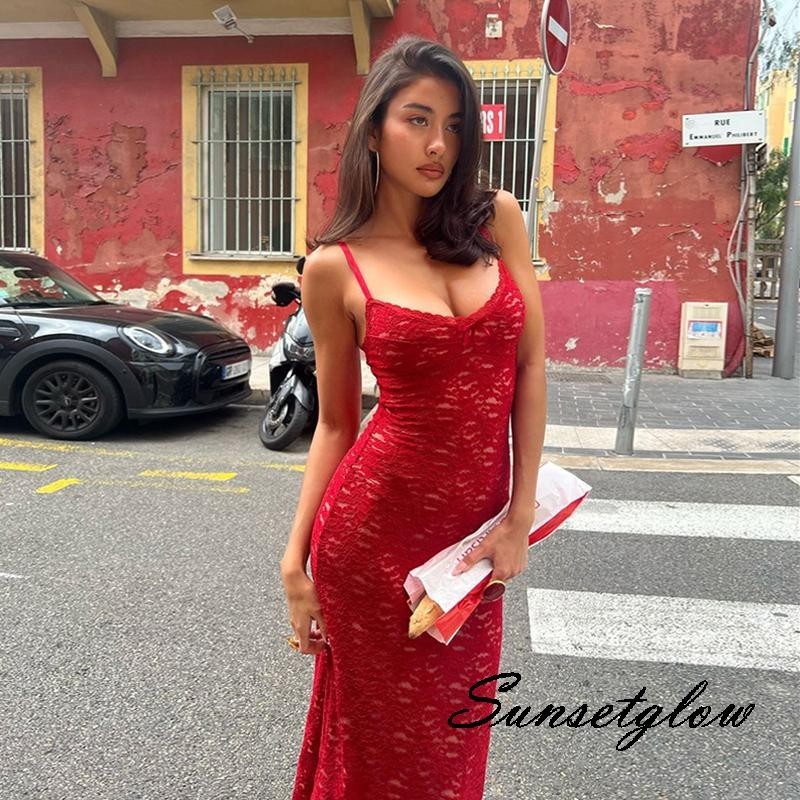 Sg/ชุดสตรียาว Slim Cami Dress แขนกุดเปิดหลัง V คอลูกไม้สปาเก็ตตี้เดรส