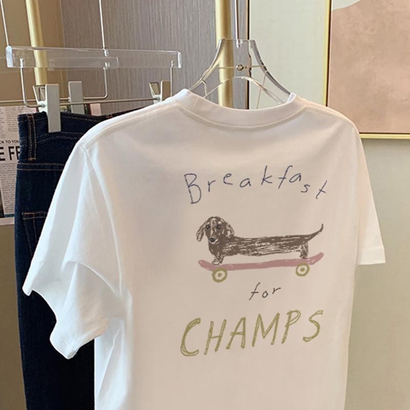 You-T🎀เสื้อยืดแขนสั้นแฟชั่นสตรี ไม่มีริ้วรอย ไม่หดตัว พิมพ์ "CHAMPS" ผ้าฝ้าย สบายๆสไตล์เกาหลี