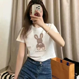 COD 🌈พร้อมส่ง🌈 เสื้อครอปแขนสั้น ผ้าคัตคอน นิ่มใส่สบาย #แขนสั้น เสื้อยืดพิมพ์ลาย 100%Cotton T-shirt เสื้อยืดผู้หญิง