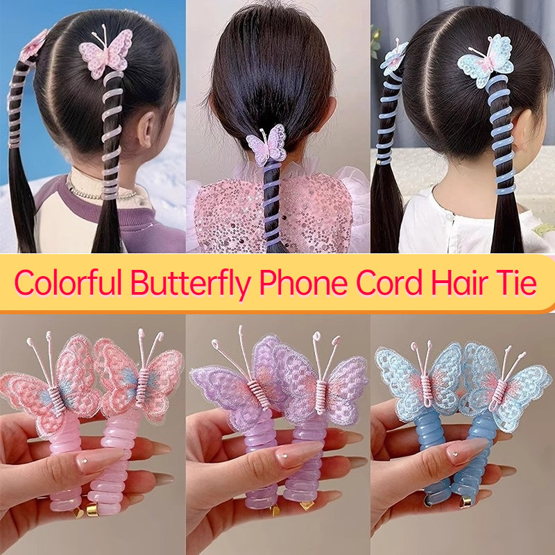 2024 เด็กม้วนสายโทรศัพท์ผูกผมผีเสื้อที่มีสีสันเชือกผมสาวอุปกรณ์ผมยางรัดยืดหยุ่น