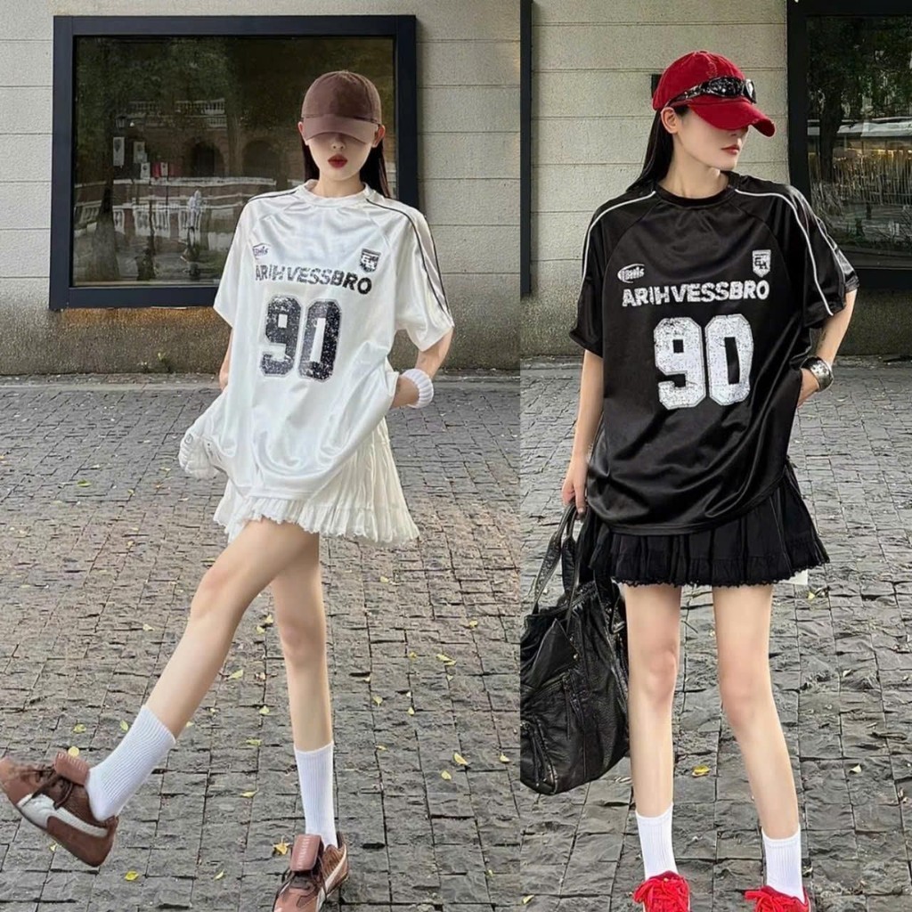 Thai BALLOON เสื้อยืดพิมพ์ 90 STREET STYLE 2 SIZES SM 30_65KG WOMEN TOP WOMEN ROUND NECK BLACK WHITE PINK