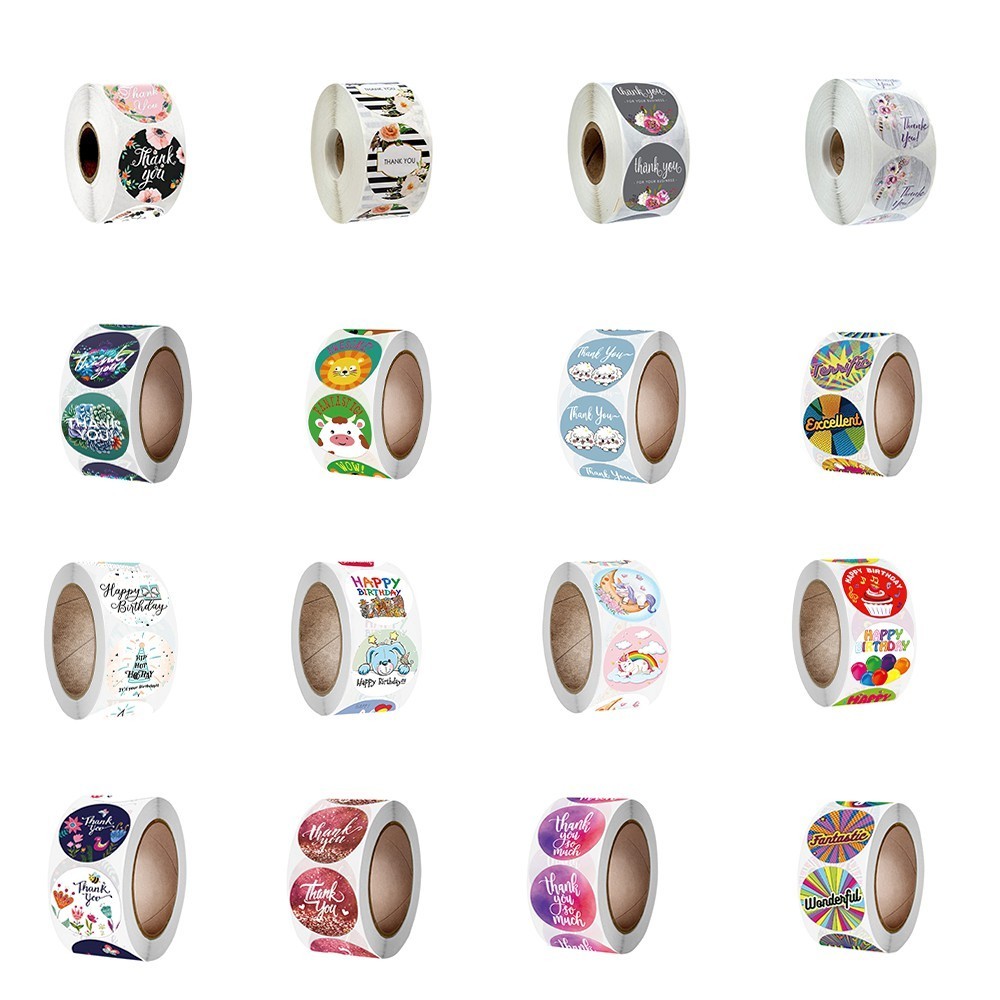 SC Paper-Pack สติ๊กเกอร์ม้วน พิมพ์ลาย สติ๊กเกอร์ม้วน ลายน่ารัก Thank You Happy Birthday 500 ดวง (1ม้วน)