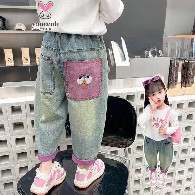 【YAOEENH】100-160 ซม.กางเกงยีนส์เด็กผู้หญิงกลางเด็กใหญ่สไตล์ตะวันตกหลวมตรงเรียบง่ายทุกการแข่งขัน Duzui กางเกงแครอทด้านล่างสีสันสดใสพร้อม