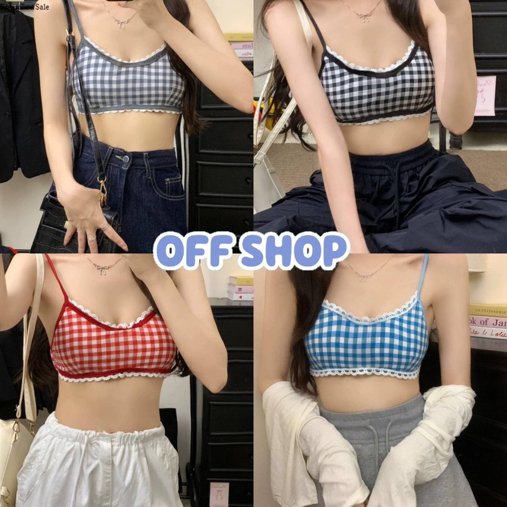 OFF SHOP   บราสายเดี่ยว มีฟองน้ำ มินิมอลสม๊อคด้านหลัง ดีเทลลายสก๊อต -FY756 ราคา ถูกที่สุด ดีลบีเคเค
