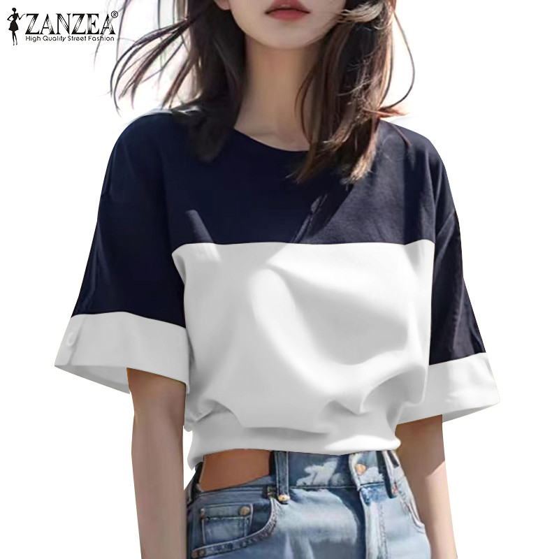 Zanzea ผู้หญิงเกาหลี Simple Patchwork คอลูกเรือแขนสั้น Colorblock เสื้อเบลาส์ทุกวัน