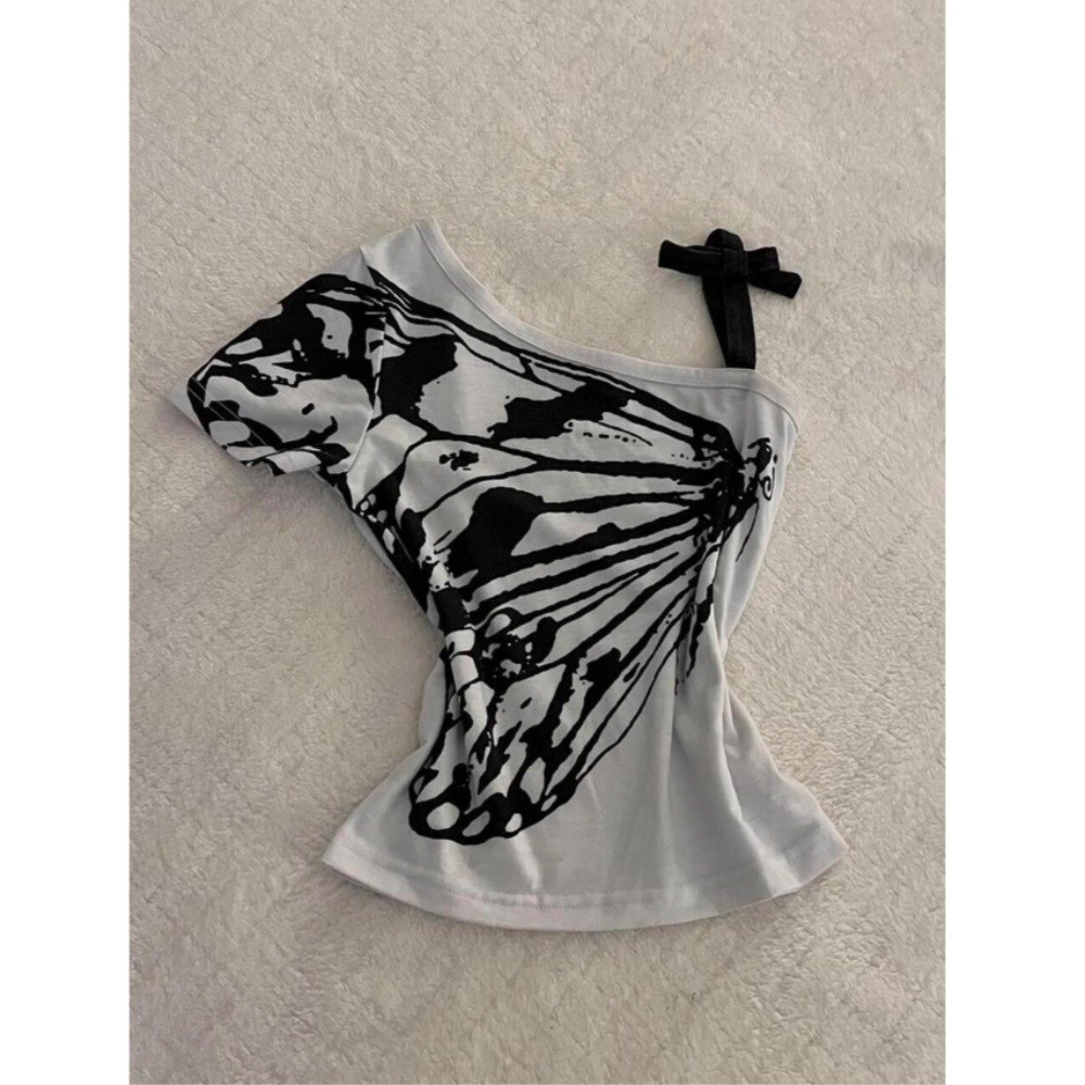 Hot Girl Short Sleeve Sexy Girl Blouse off-the-Shoulder WaistTT-shirt RetroVintageMiddle Agesy2kSling American Style