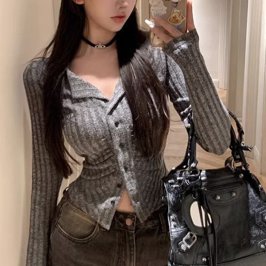 Women's Long-Sleeved Top Women's Knitwear Design Cardigan Sweet Cool High-End Shirt Slimming Niche Autumn Hot Girl Embroidery