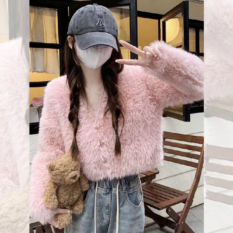 เสื้อสเวตเตอร์คอวีแบบสั้นหรูหรานุ่มสำหรับผู้หญิงฤดูใบไม้ร่วงและฤดูหนาวเสื้อถักฤดูหนาวหนาพิเศษสไตล์เกาหลี