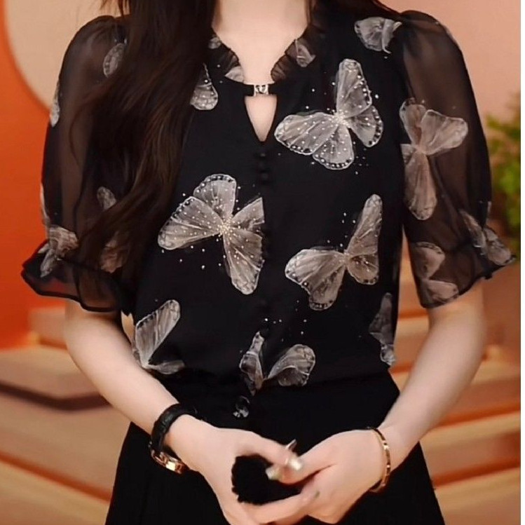 เวอร์ชั่นเกาหลีแฟชั่นหลวมและกระชับสัดส่วนขอบเห็ดพิมพ์ชีฟองด้านบนใหม่