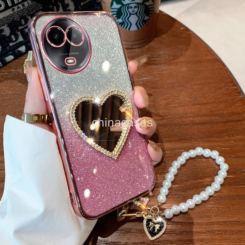 หรูหราแฟลชชุบrealme 11 4G 5G 11X 5G 11 Pro Realme 10 12 12X Pro Plus C65 C67 เคสโทรศัพท์โปร่งใสPearl Loveกระจกแต่งหน้าพร้อมสร้อยข้อมือ
