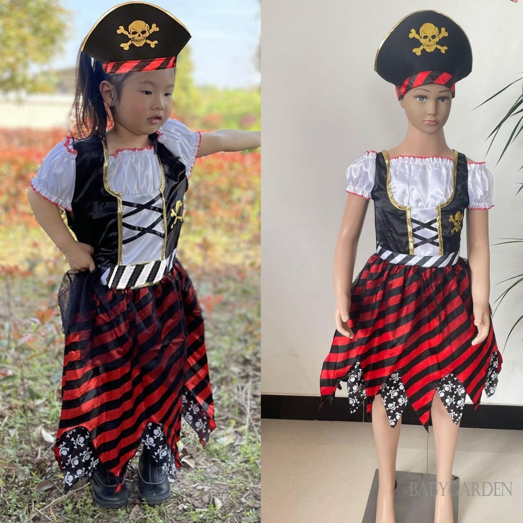 【ส่งจากไทย】 ชุดคอสเพลย์โจรสลัดฮาโลวีนสำหรับเด็กผู้หญิง เดรสแขนสั้นเปิดไหล่ลายทาง ชายกระโปรงไม่เท่ากัน + หมวกโจรสลัด