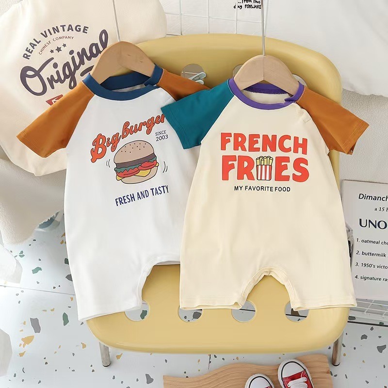 นําเข้าเสื้อผ้าเด็กผู้หญิงนําเข้าเสื้อผ้าเด็กแขนสั้นทารกแรกเกิดจัมเปอร์ 3 สี Motif French Fries Burg