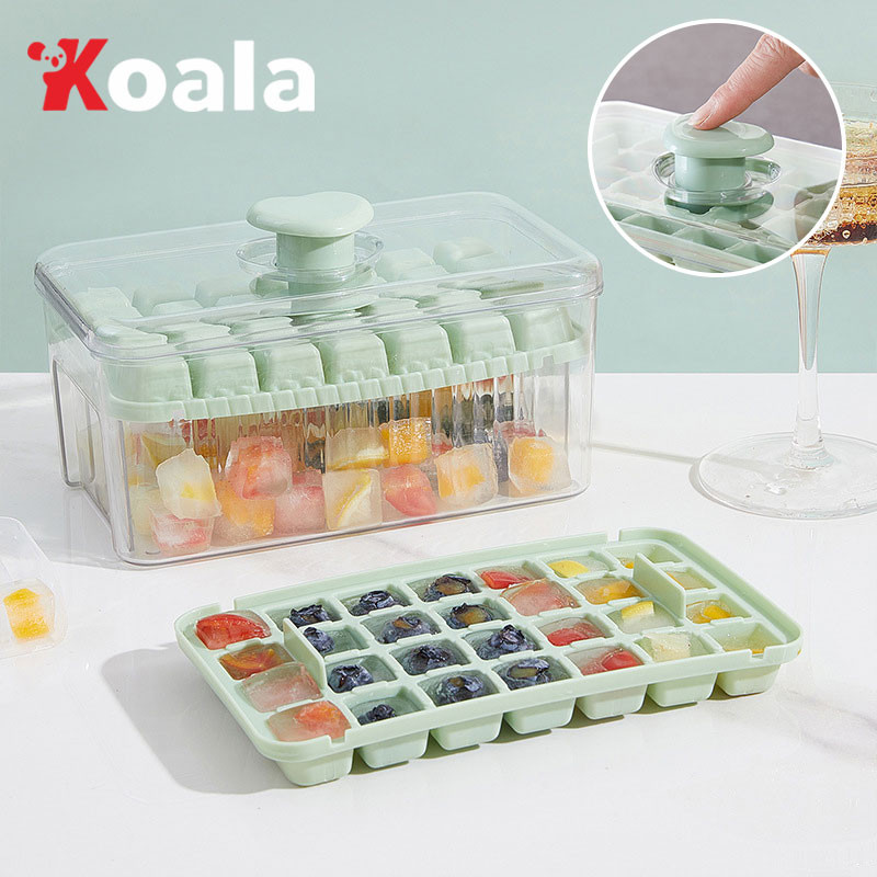 KOALA ถาดน้ำแข็งก้อน 28/32ช่องพร้อมฝาและถังขยะสร้างสรรค์ถาดน้ำแข็งก้อนเพียงคลิกเดียวและกล่องเก็บของ