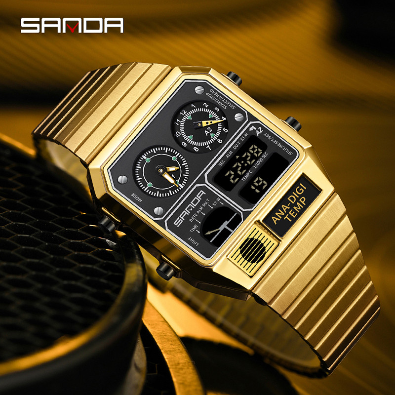 Sanda Retro อินเทรนด์ Punk Dual Display Luminous กันน้ําอิเล็กทรอนิกส์ควอตซ์นาฬิกาผู้ชาย SD3192-5