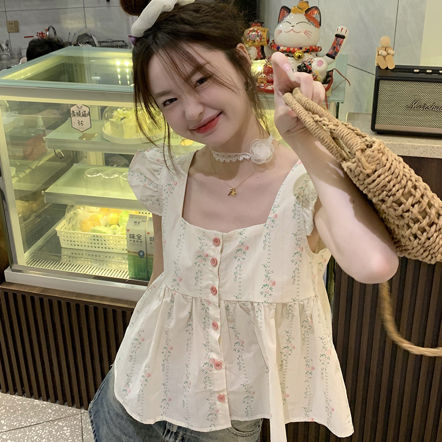 หวานสไตล์ฝรั่งเศสสาวขนาดเล็กคอสี่เหลี่ยมดอกไม้เสื้อเดียวแขนสั้นบางผู้หญิงเสื้อกล้าม