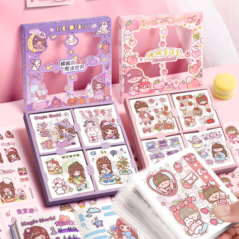 สติ๊กเกอร์ 100/200แผ่นไม่ซ้ำลาย พร้อมกล่อง Sticker PVC น่ารักกันน้ำ สําหรับตกแต่ง