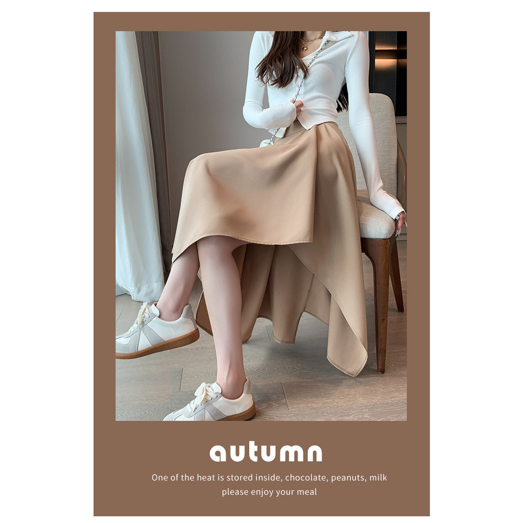 กระโปรงยาวเอวสูงทรงเอสไตล์วินเทจสำหรับฤดูใบไม้ผลิและฤดูใบไม้ร่วง ดีไซน์ไม่สมมาตร พลีท ช่วยให้ดูสูงและเพรียว ใส่สบายและแมทช์ได้ง่าย - รูปที่ 5