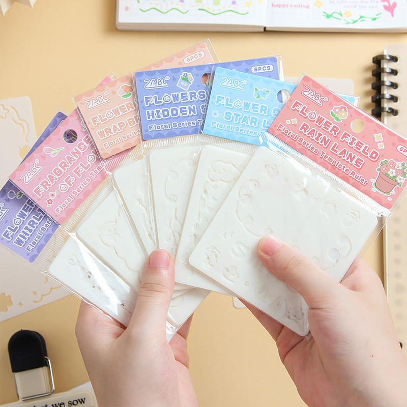 Journamm 6Sheepts Hollow ดอกไม้การ์ตูนวาดแม่แบบไดอารี่ DIY Graffiti ตกแต่งภาพวาด Scrap Booking ตกแต่งอัลบั้มหัตถกรรม