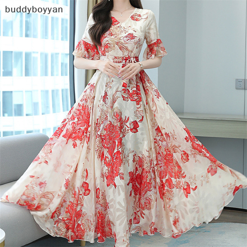 Bbth 2022 Elegant Women Plus Size Boho Beach Maxi Dress ชีฟองลายดอกไม้ Midi Sundress Vary