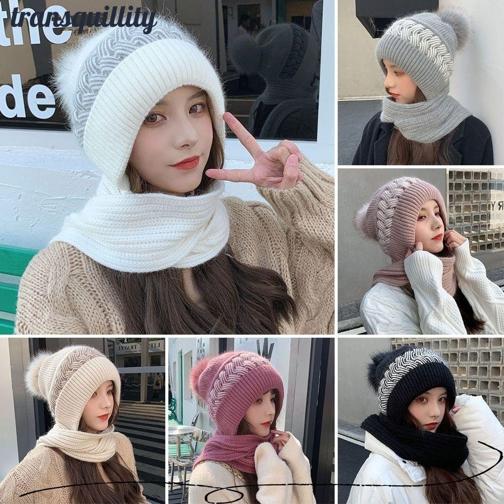 Transquillity แบบบูรณาการผ้าพันคอผ้าพันคอ, Warm หนา Beanie หมวกผ้าพันคอ, ฤดูหนาว Soft Casual กันลมป้องกันหูหมวกผู้หญิง