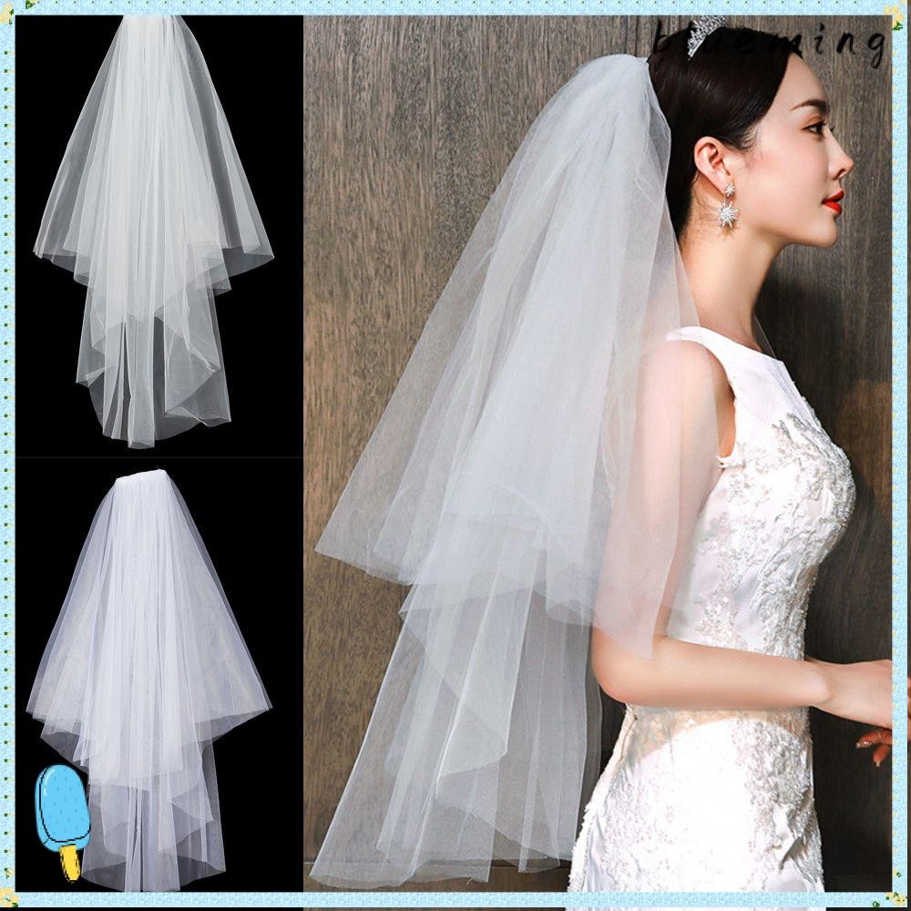 Blueming2 ผ้าคลุมหน้าเจ้าสาวงานแต่งงานอุปกรณ์เสริม Photo Veil สั้นสีขาวงาช้างผู้หญิง Tulle
