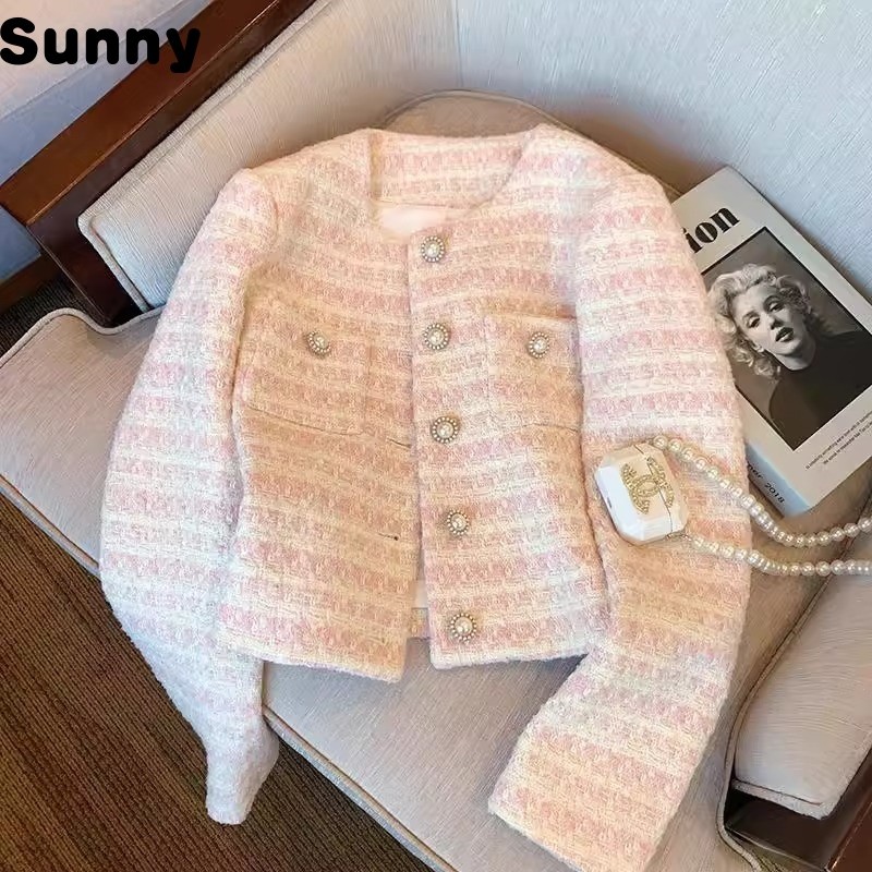 Sunny Classic Style Woven Coat for Women Spring and Autumn2024New Loose Temperament Pearl Buckle Cardigan Fashion Short Top