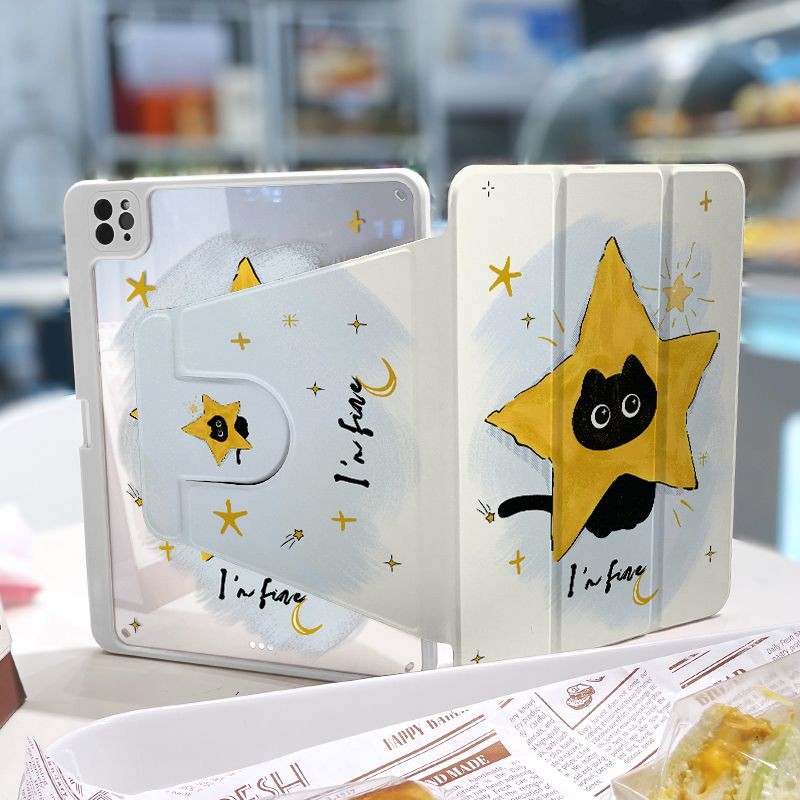 360 ° เคส iPad หมุนได้พร้อมช่องเสียบปากกา Creative Pentagram Little Black Cat อะคริลิค Backboard Pro11 2020 Gen10 Gen9 Gen8 Gen7 Gen6 Gen5 Air6 Air5 Air4 ฝาครอบ iPad หมุนได้
