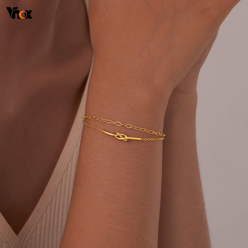 Vnox Knot Double Layered Stacked สร้อยข้อมือผู้หญิงสาว,18K Gold 1 มม.สแตนเลส Stacked Link Chain,Dainty เครื่องประดับของข