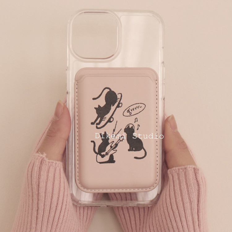 เกาหลี Ins Sweet Cool Black Cat Magnetic Pu หนังผู้ถือบัตรเคสโทรศัพท์สําหรับ IPhone15promax/14 Pro/13/12 เคสโทรศัพท์