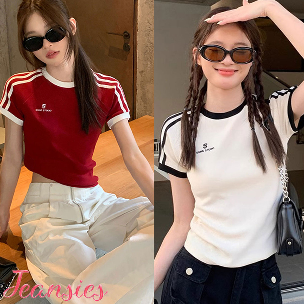 เสื้อยืดหญิง ลายทาง แขนสั้น สำหรับฤดูร้อน แบบคลาสสิก