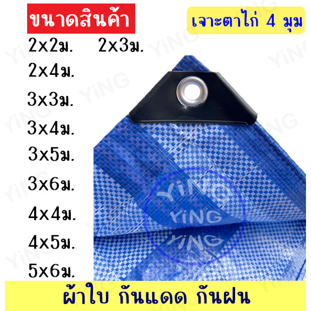 ผ้าฟางบูลชีทผืน ขนาด 4X4เมตร  4×5เมตร 5X6เมตร เคลือบกันน้ำ สีฟ้าสลับสีขาว คลุมกันฝน กันแดด รองพื้นเต้นท์ มีตาไก่ 4มุม – โปรปัง