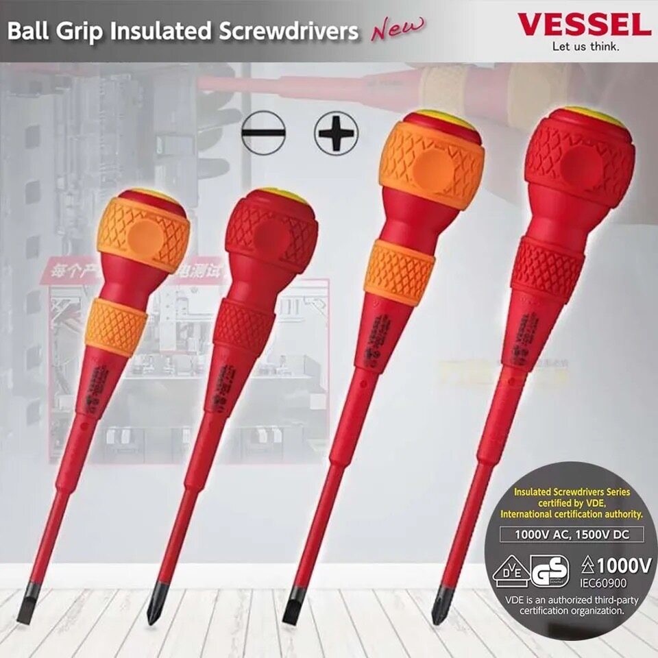 Vessel ไขควงบอลกันไฟฟ้า [ ราคาต่อ 1 ชิ้น ] 1,000V No.200 PH1 PH2 PH3 SL5 SL5 หัวแฉก หัวแบน ไขควง ไขค