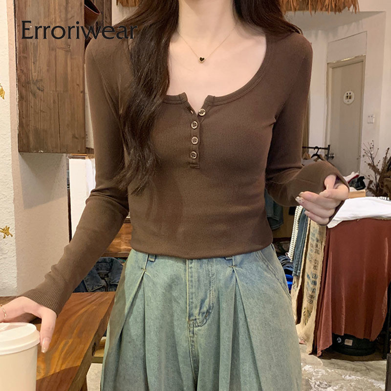Errokiwear เสื้อยืดผู้หญิง [M-3XL] สีทึบ U-neck แขนยาวSlim Fit