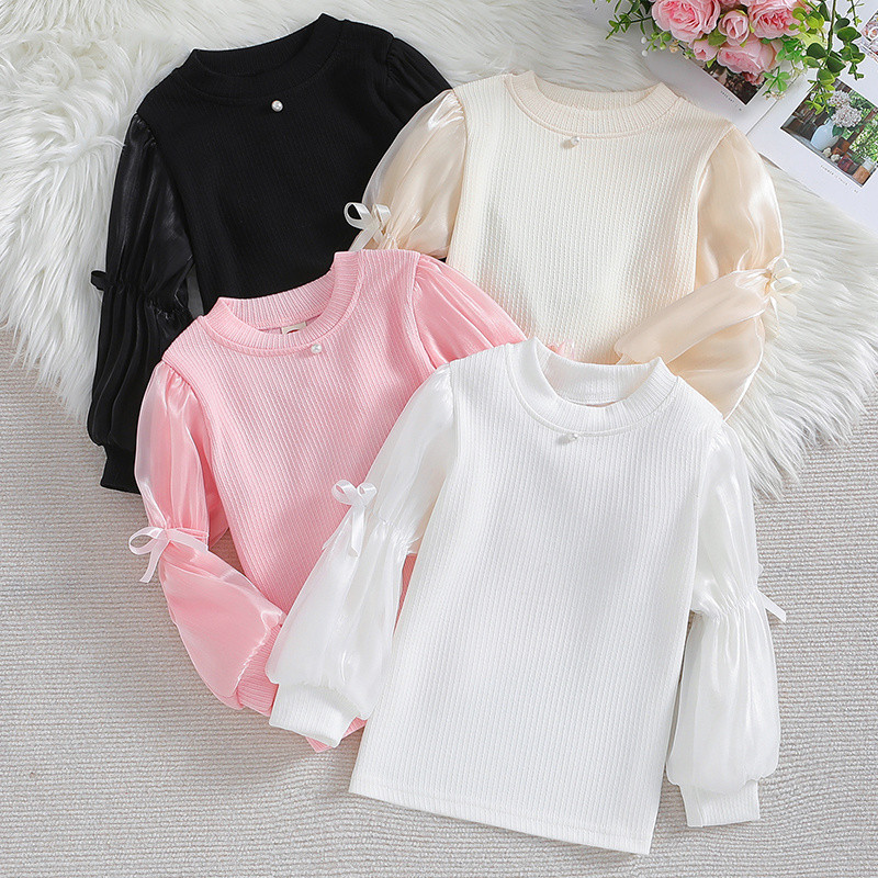 เสื้อตัวในแขนพัฟสำหรับเด็กผู้หญิงฤดูใบไม้ผลิใหม่เสื้อแขนผ้าโปร่งใหม่เสื้อยืดแขนยาวผ้าฝ้ายเจ้าหญิงสไตล์ตะวันตกสำหรับเด็กผู้หญิง