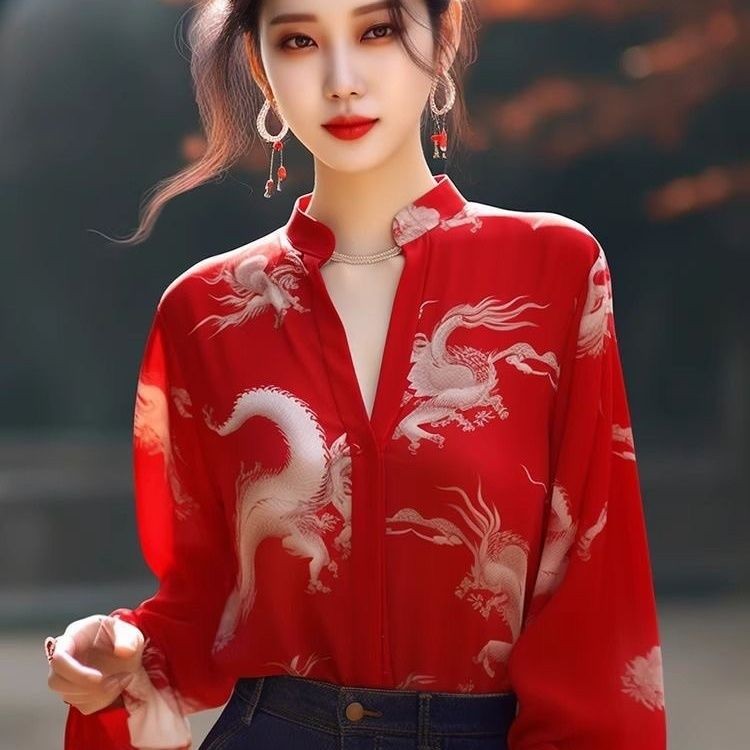 เสื้อชีฟองแขนยาวคอ โวลต์ สีแดงแฟชั่นดีไซน์มังกรจีน