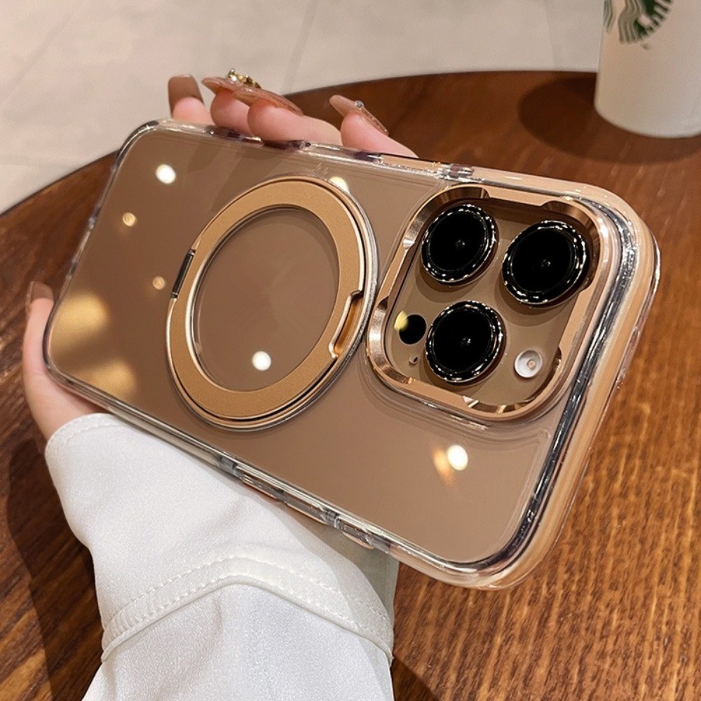 ทะเลทรายโกลด์ 360° หมุนยืนเคสโทรศัพท์แม่เหล็กสําหรับiphone 16 14 15 Pro Max 16 Plusเลนส์โลหะปกป้องไร้สายชาร์จปลอกใสไม่มีเหลืองกันกระแทกปกแข็ง