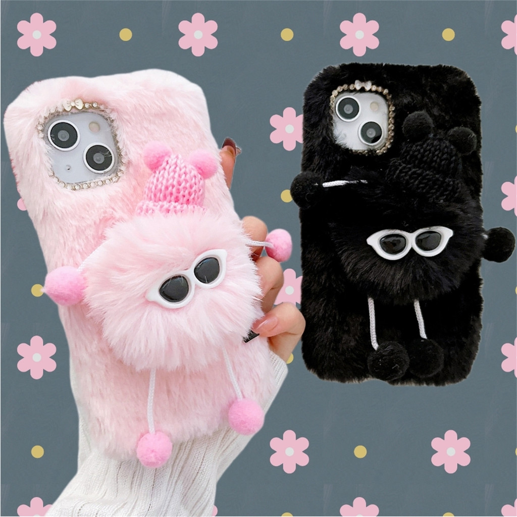 สําหรับrealme C67 C65 C63 C61 C55 C53 C51 C35 C33 C30 C25 C21 C20 C17 C15 C12 C11 ตุ๊กตาเคสโทรศัพท์,ตลกCool 3D FurryผมBall Monster Fluffy FurryฝาครอบเพชรRhinestoneกรอบขนสัตว์กรอบFurry Rhinestone