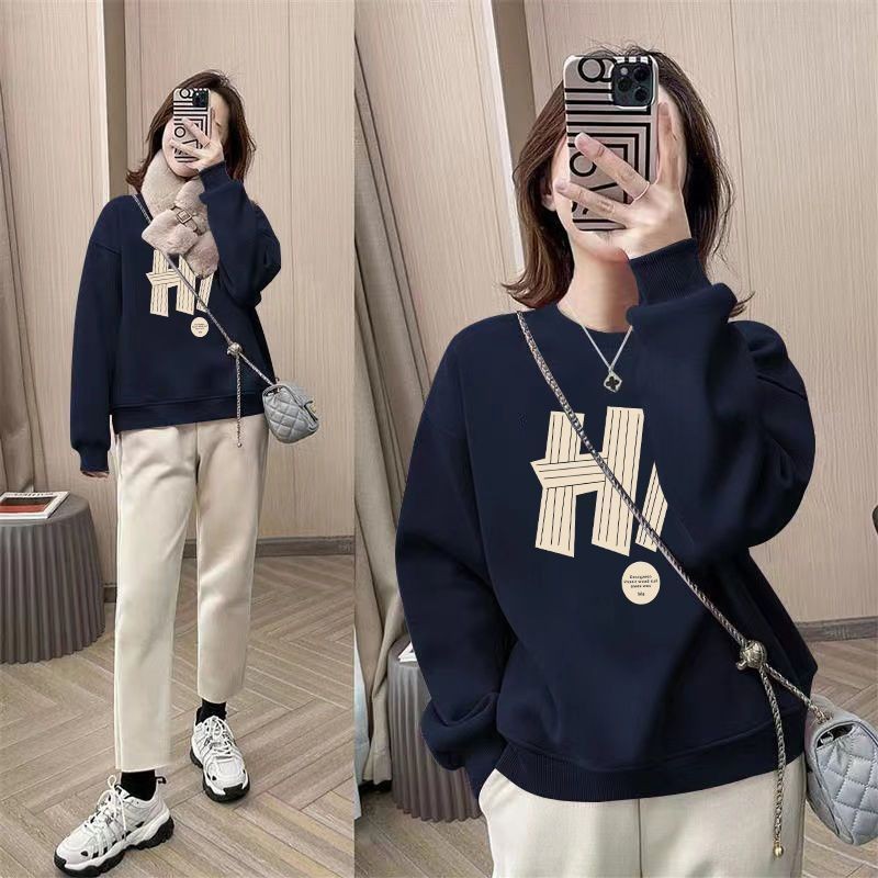 เสื้อสเวตเตอร์หนาคอกลมทรงหลวมสไตล์บางสําหรับผู้หญิง, การเพิ่มขนแกะและไม่มีขนแกะ A