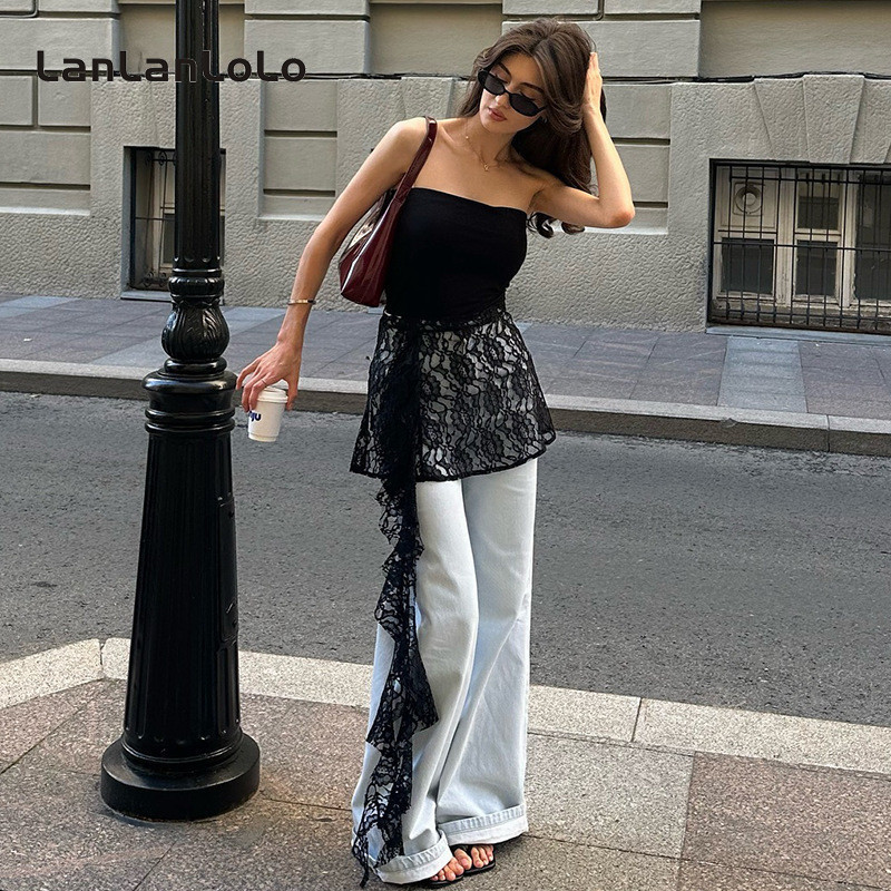 Lanlanlolo ผู้หญิง 2024 แฟชั่นสีทึบลูกไม้ Streamer Slim Fit Tube Tops
