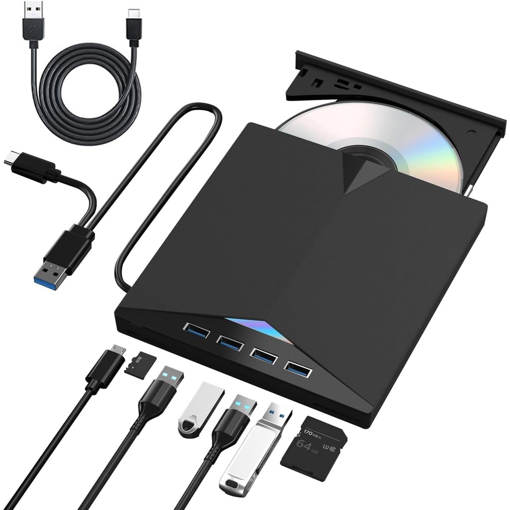 7 in 1 ไดรฟ์บลูเรย์ภายนอก, เครื่องเล่น DVD/BD Blu Ray Burner พร้อม USB 3.0 Type-C ไดรฟ์ Blu Ray แบบพ