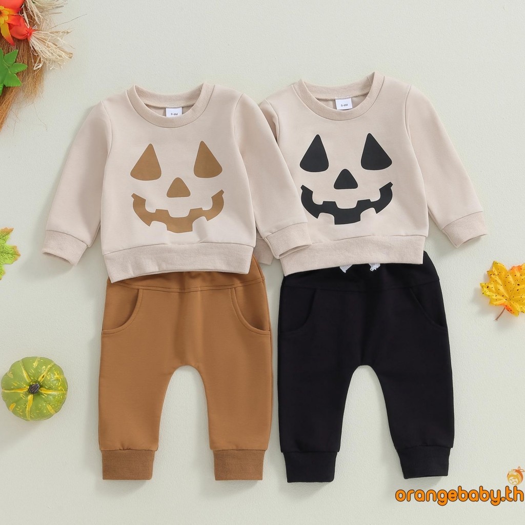 Oraby-เสื้อสเวตเตอร์คอกลมแขนยาวและกางเกงขายาวลายหน้าฟักทองสำหรับเด็กชายวัยเตาะแตะ 2 ชุด