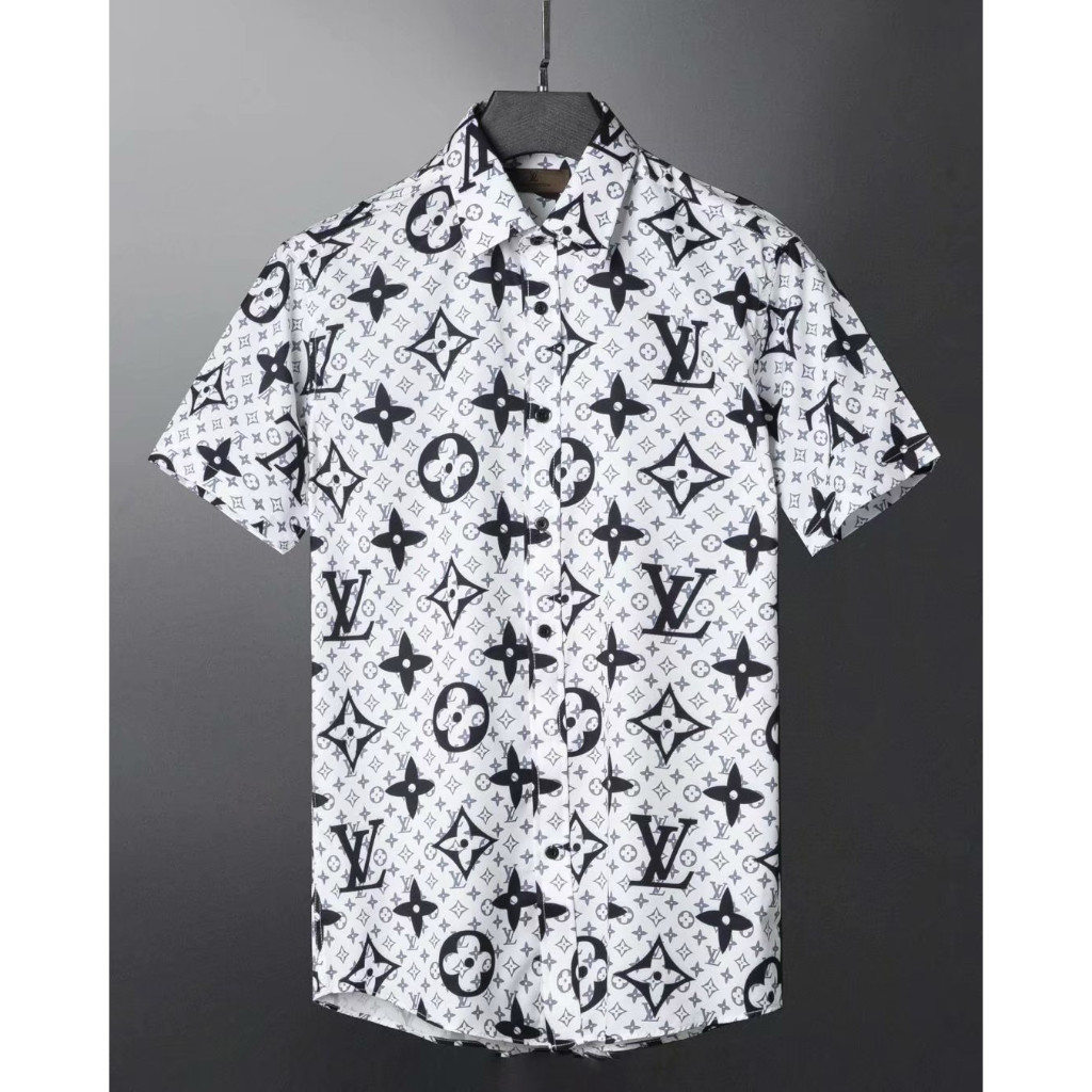 Lv LOUIS VUITTON เสื้อเชิ้ตแขนสั้นผู้ชายผ้าฝ้ายพิมพ์ลาย M5383