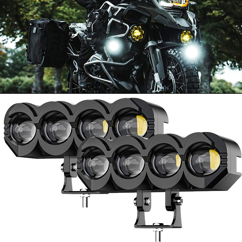 Motor Lightings1/2pcs 30W LED รถจักรยานยนต์ Spotlight ไฟหน้า Dual สีสีขาวและสีเหลือง Hi Low Beam เสริมหมอกโคมไฟ