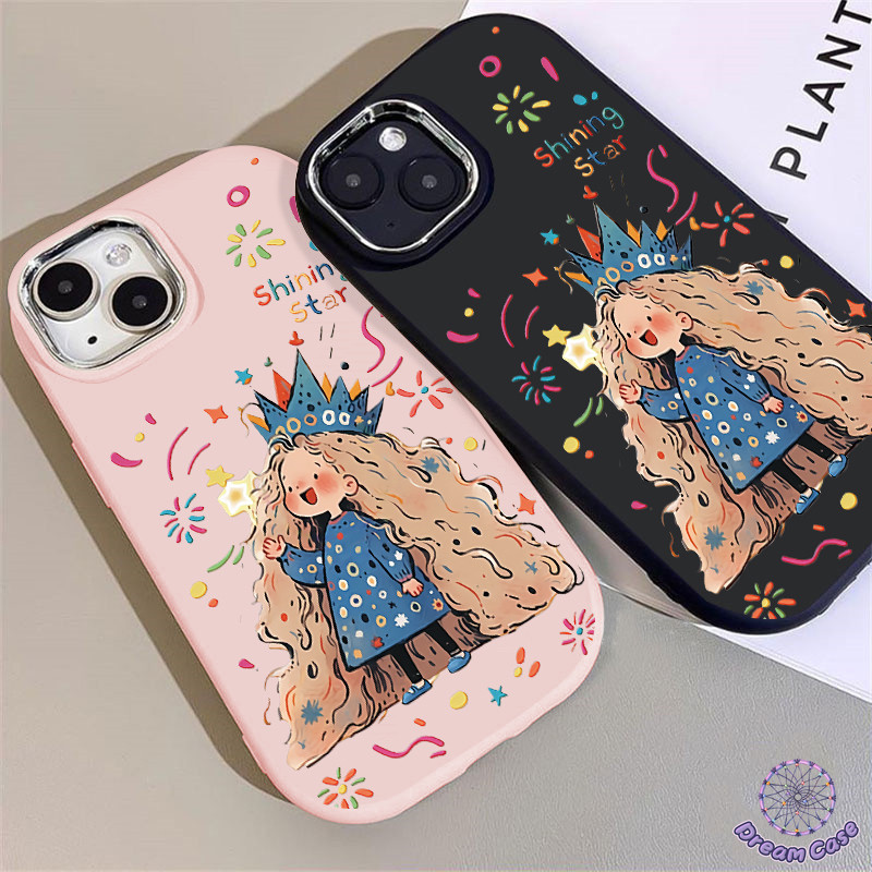 การ์ตูนน่ารักผมยาวสาวกำลังใจเคสดูเดิลเข้ากันได้กับ IPhone 7Plus 11 15 13 14 12 Pro Max XR X XS Max 6 8 15 14 Plus SE